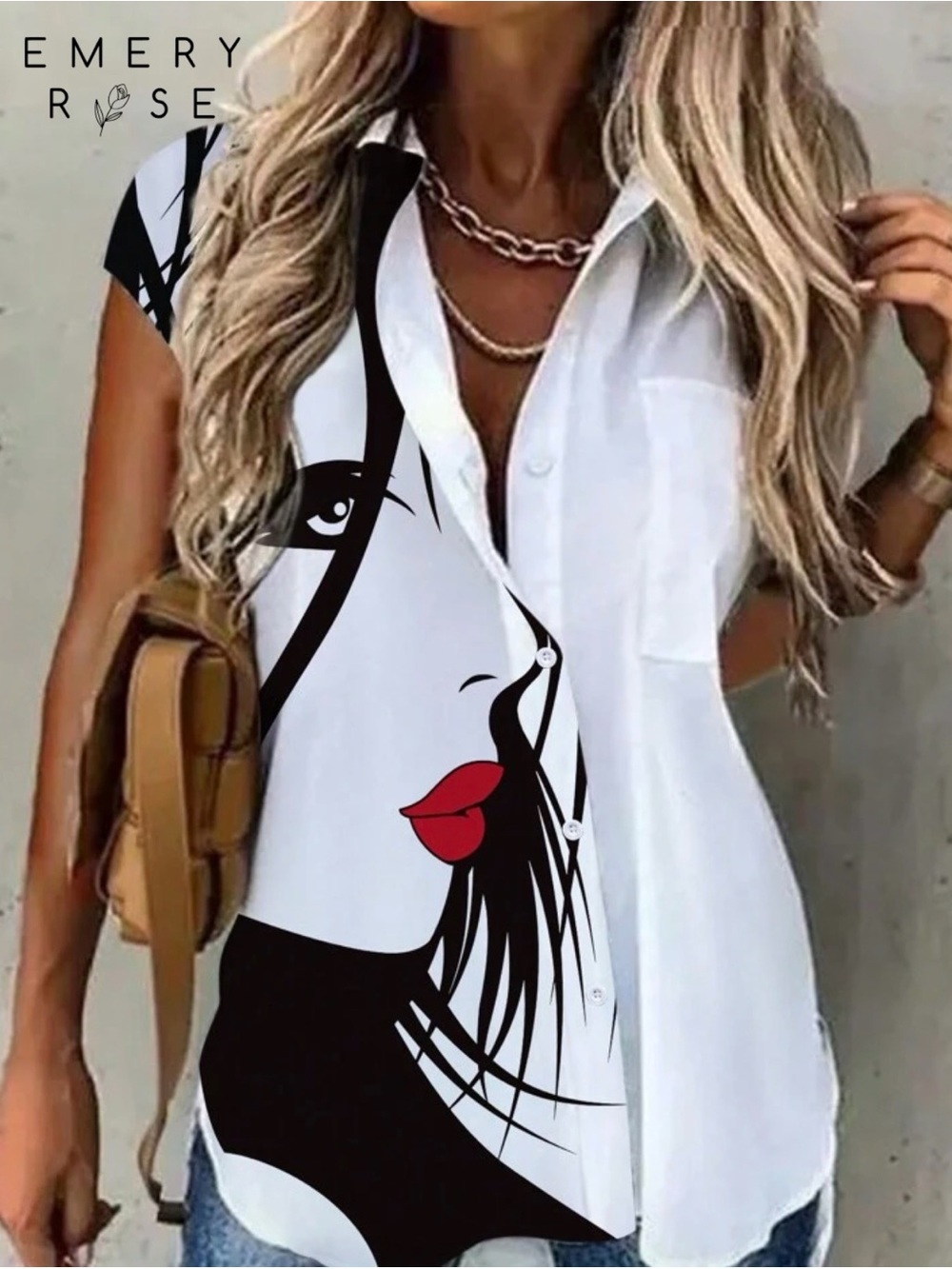White ~ Sleeveless ~ Button-up ~ Shirt ~ Female Face Graphic w/ Red & Black